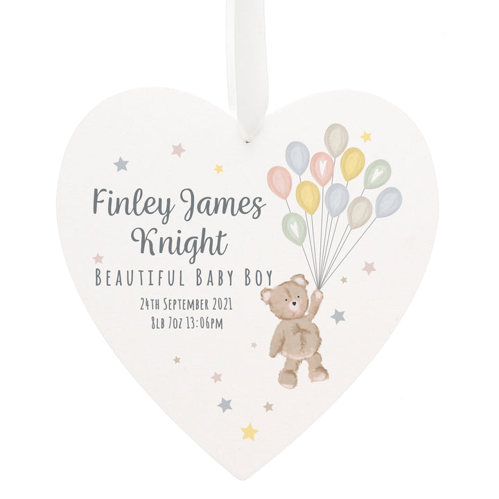 Buy Personalised Teddy & Balloons White Wooden Heart at www.giftsfinder.co.uk