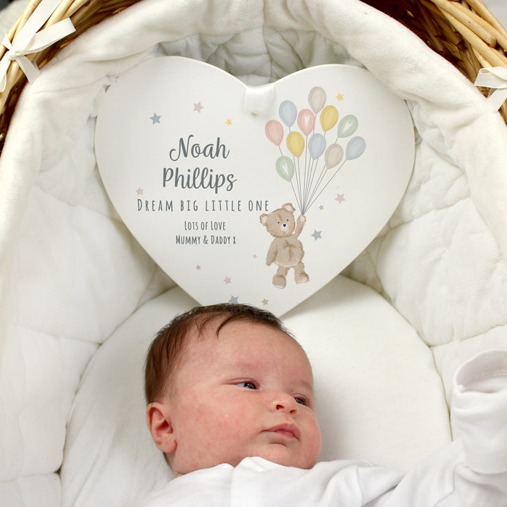 Buy Personalised Teddy & Balloons White Wooden Heart at www.giftsfinder.co.uk