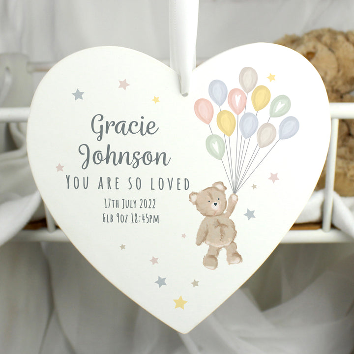 Buy Personalised Teddy & Balloons White Wooden Heart at www.giftsfinder.co.uk