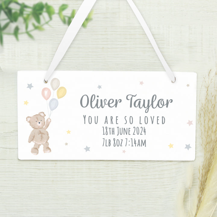 Buy Personalised Teddy & Balloons White Wooden Sign at www.giftsfinder.co.uk