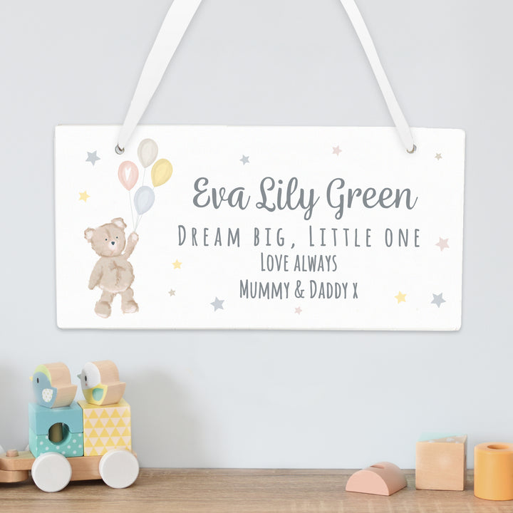 Buy Personalised Teddy & Balloons White Wooden Sign at www.giftsfinder.co.uk