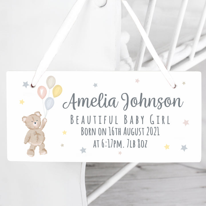 Buy Personalised Teddy & Balloons White Wooden Sign at www.giftsfinder.co.uk