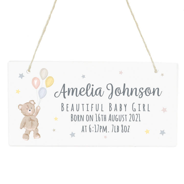 Buy Personalised Teddy & Balloons White Wooden Sign at www.giftsfinder.co.uk