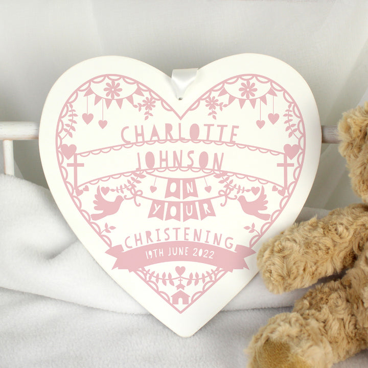 Personalised Pink Papercut Style Large Wooden Heart - part of the Gifts Finder Personalised Ornaments & Keepsakes collection