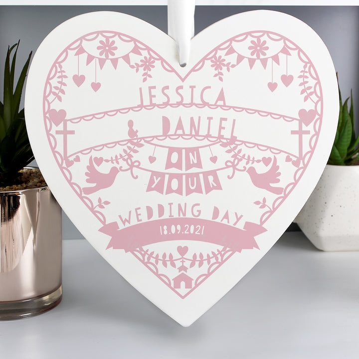 Personalised Pink Papercut Style Large Wooden Heart - part of the Gifts Finder Personalised Ornaments & Keepsakes collection