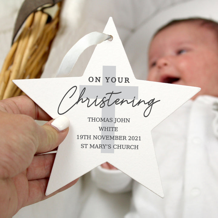 Buy Personalised On Your Christening Wooden Star Decoration at www.giftsfinder.co.uk