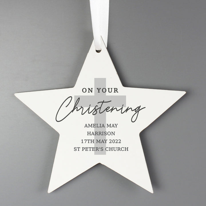 Buy Personalised On Your Christening Wooden Star Decoration at www.giftsfinder.co.uk