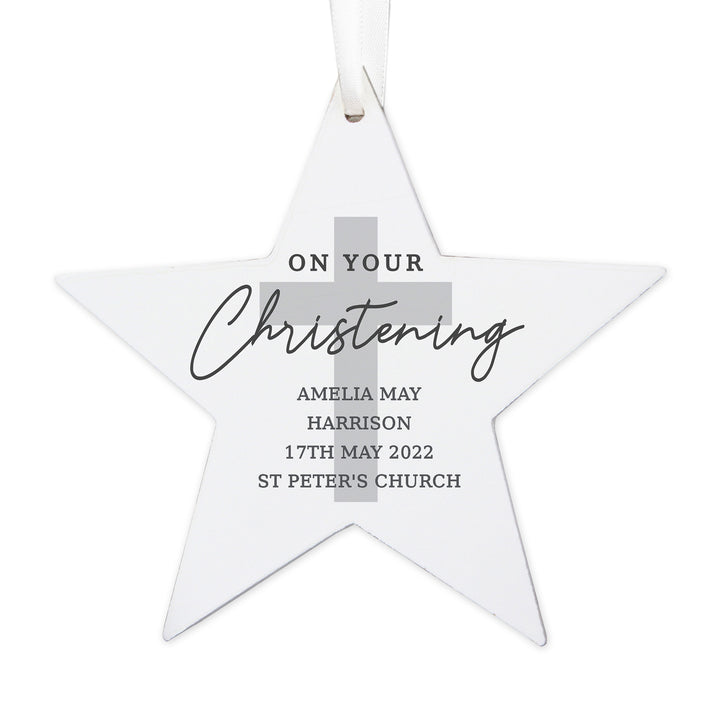 Buy Personalised On Your Christening Wooden Star Decoration at www.giftsfinder.co.uk