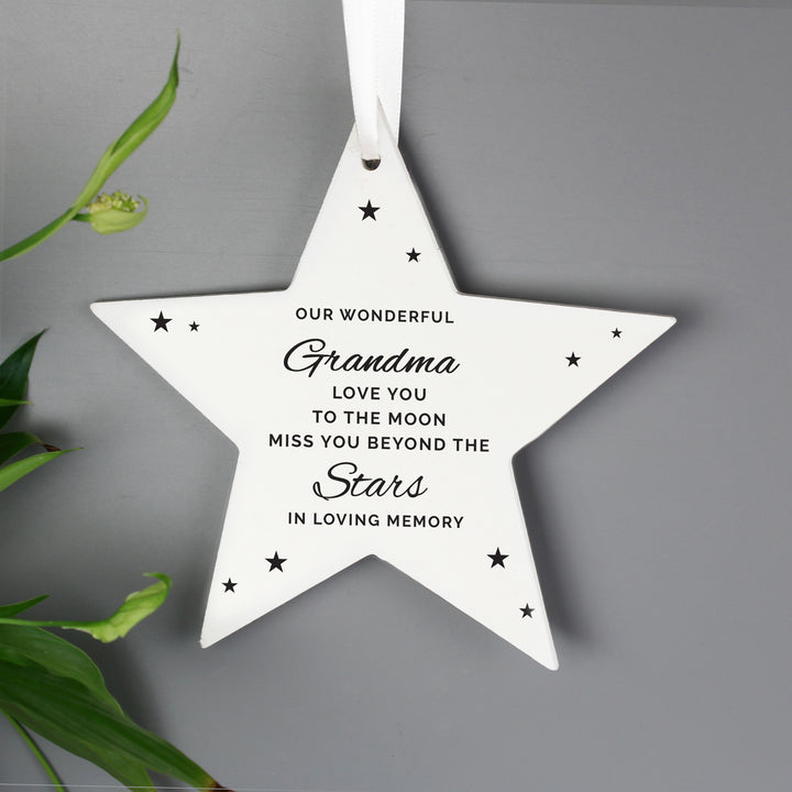 Buy Personalised Miss You Beyond The Stars Wooden Star Decoration available now at www.giftsfinder.co.uk