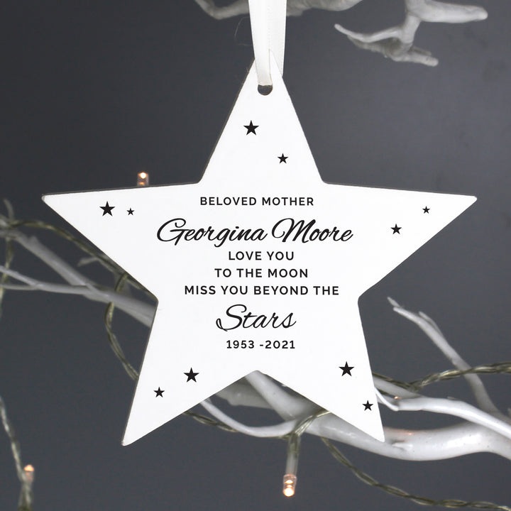 Buy Personalised Miss You Beyond The Stars Wooden Star Decoration available now at www.giftsfinder.co.uk