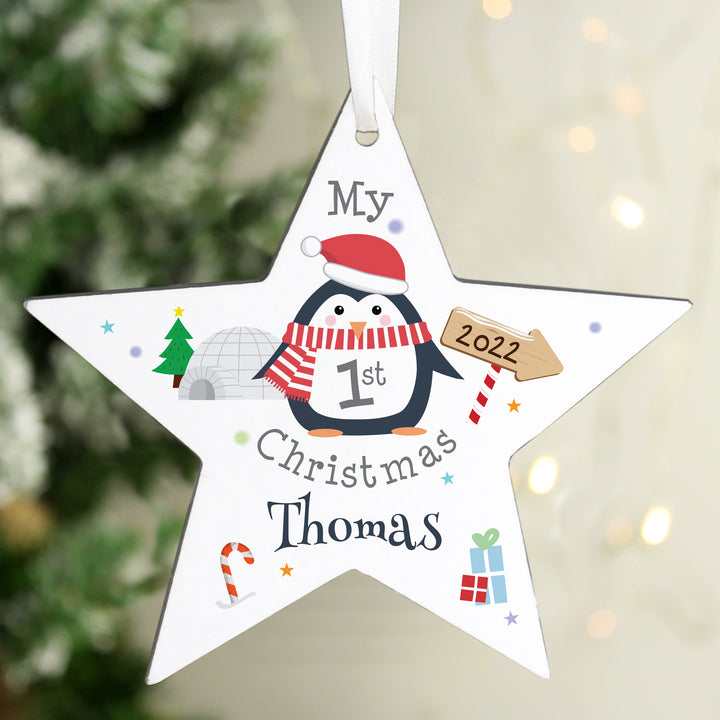 Personalised 1st Christmas Penguin Wooden Star Decoration - part of the Gifts Finder Personalised Christmas Decorations collection