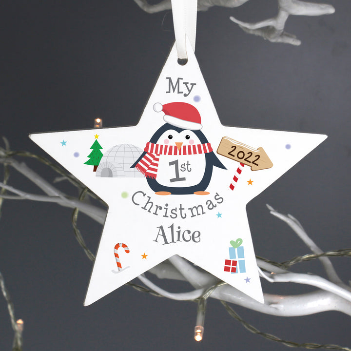 Personalised 1st Christmas Penguin Wooden Star Decoration - part of the Gifts Finder Personalised Christmas Decorations collection