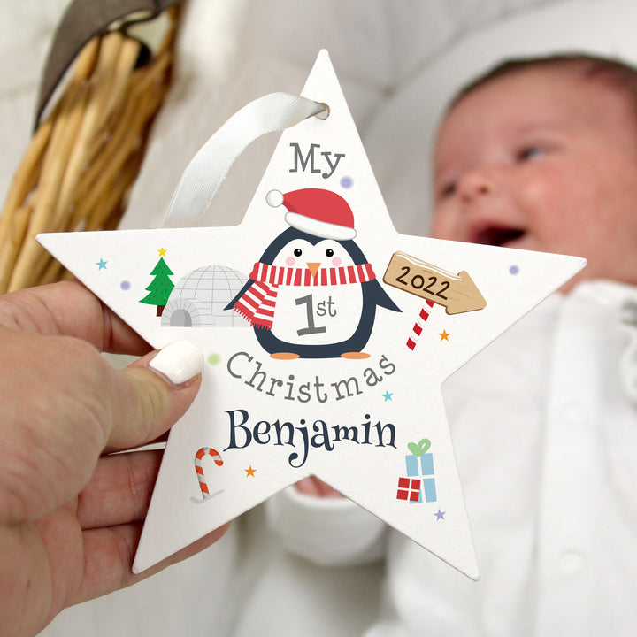 Personalised 1st Christmas Penguin Wooden Star Decoration - part of the Gifts Finder Personalised Christmas Decorations collection