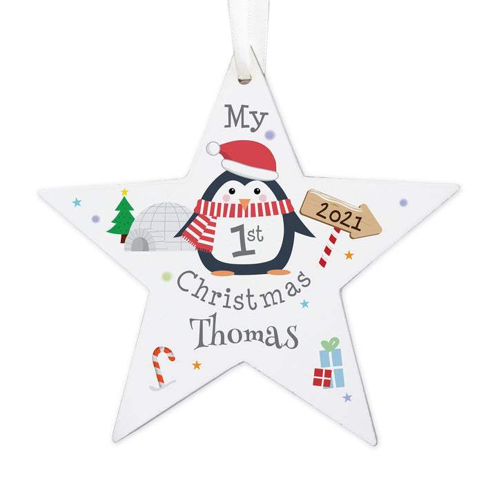 Personalised 1st Christmas Penguin Wooden Star Decoration - part of the Gifts Finder Personalised Christmas Decorations collection