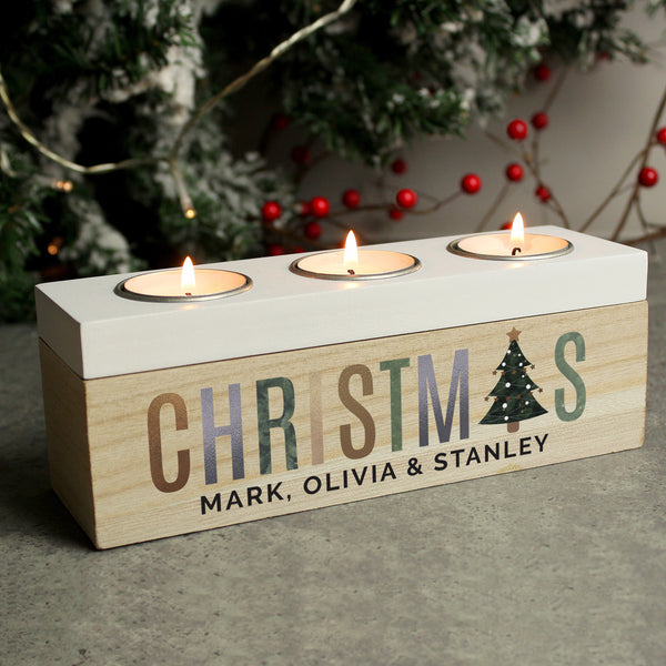 Buy Personalised Christmas Tree Triple Tea Light Box available now at www.giftsfinder.co.uk