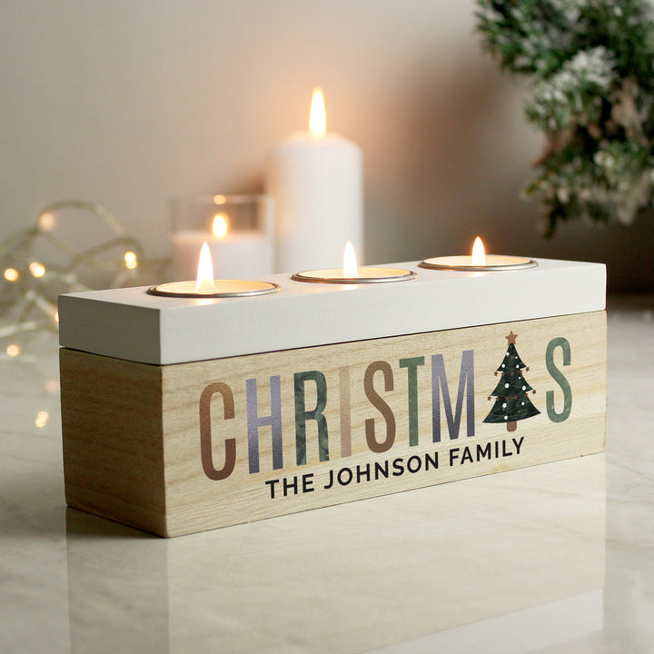 Buy Personalised Christmas Tree Triple Tea Light Box available now at www.giftsfinder.co.uk