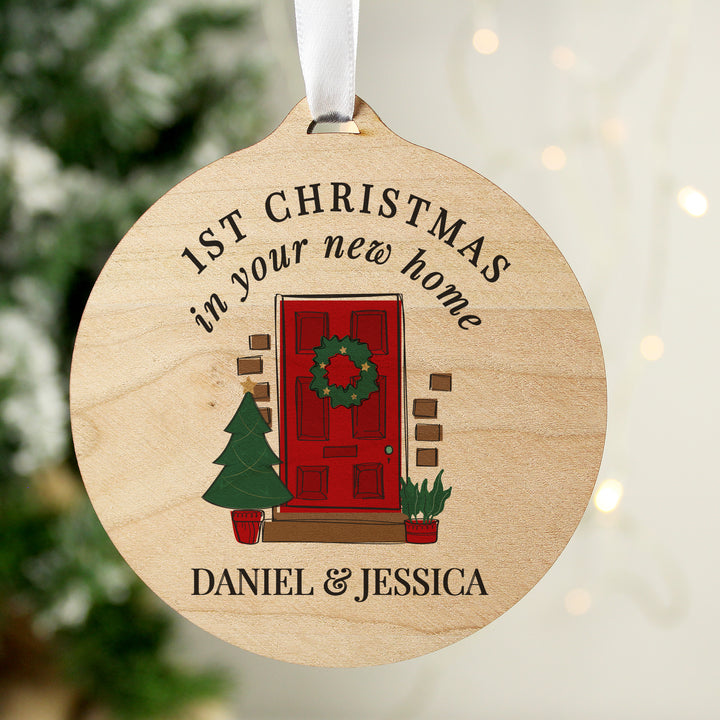 Buy Personalised New Home Round Wooden Decoration at www.giftsfinder.co.uk