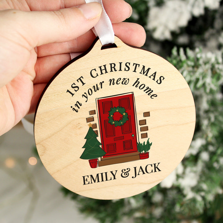 Buy Personalised New Home Round Wooden Decoration at www.giftsfinder.co.uk