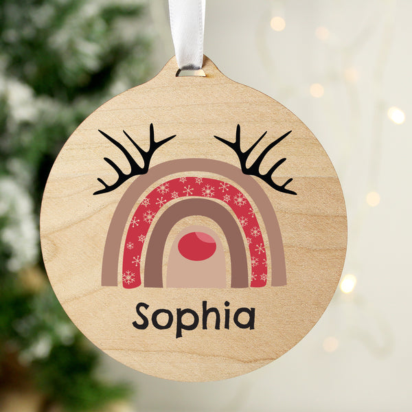 Personalised Rainbow Reindeer Round Wooden Decoration in gift category Personalised Christmas Decorations