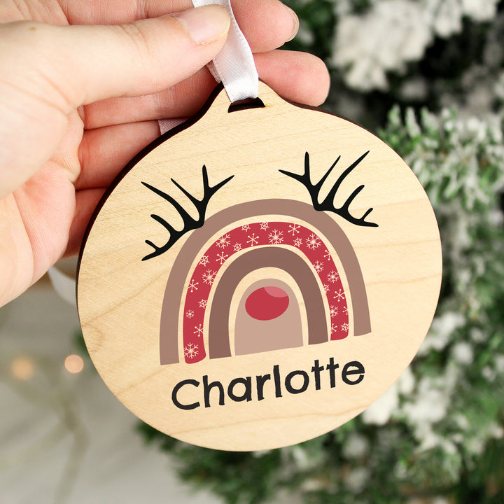 Personalised Rainbow Reindeer Round Wooden Decoration - part of the Gifts Finder Personalised Christmas Decorations collection