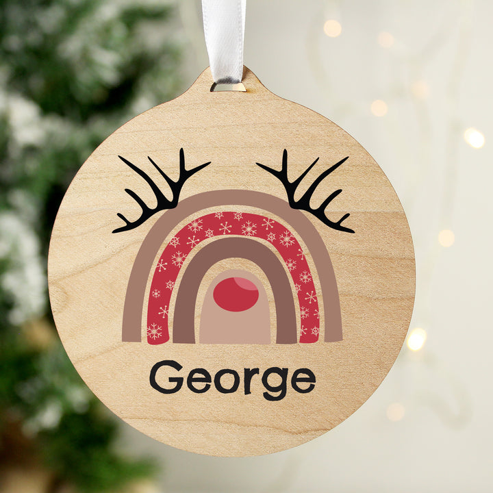 Personalised Rainbow Reindeer Round Wooden Decoration - part of the Gifts Finder Personalised Christmas Decorations collection