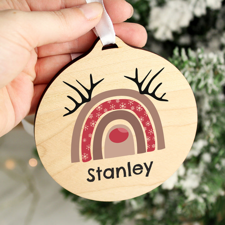 Personalised Rainbow Reindeer Round Wooden Decoration - part of the Gifts Finder Personalised Christmas Decorations collection