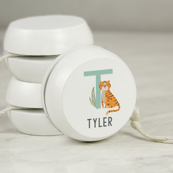 Buy Personalised Animal Alphabet White Wooden Yoyo available now at www.giftsfinder.co.uk