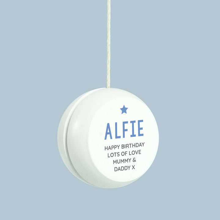 Buy Personalised Blue Star White Wooden Yoyo available now at www.giftsfinder.co.uk