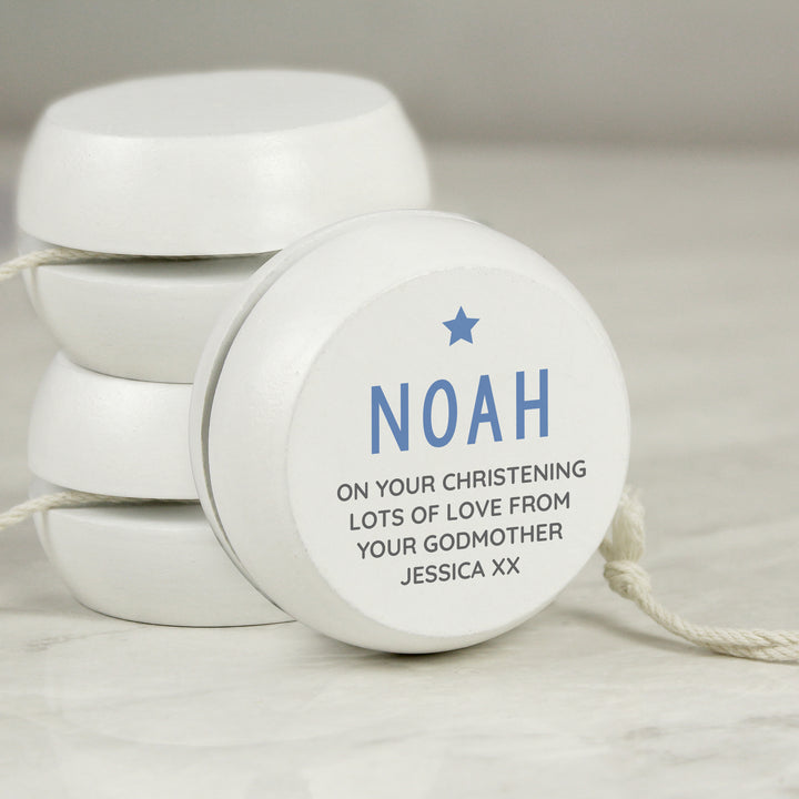 Buy Personalised Blue Star White Wooden Yoyo available now at www.giftsfinder.co.uk