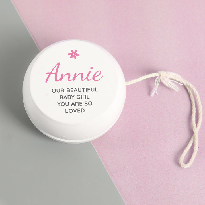 Personalised Pink Flower White Wooden Yoyo - part of the Gifts Finder Personalised Yoyos collection