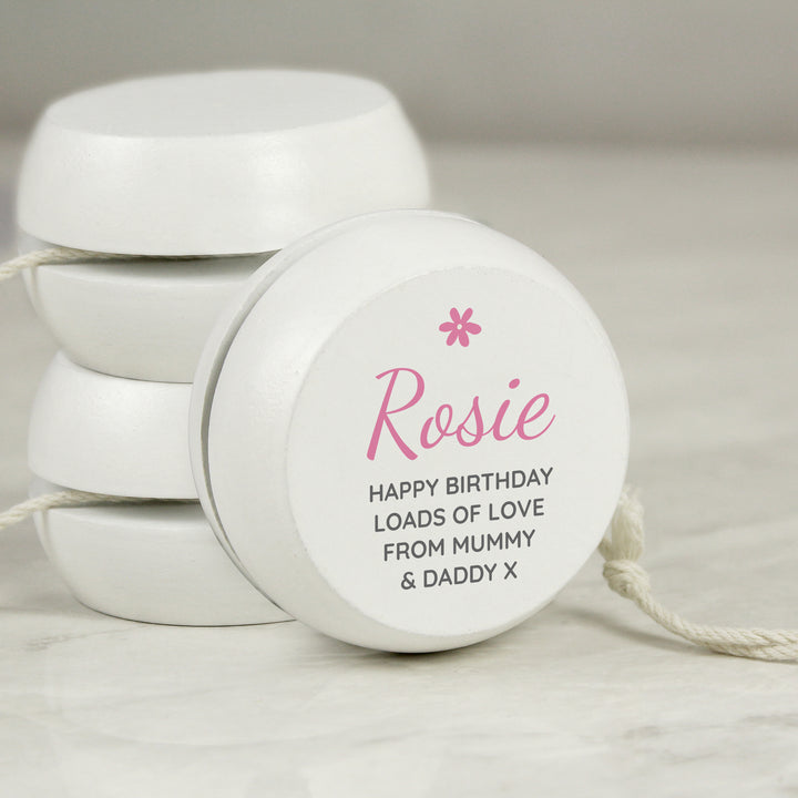 Personalised Pink Flower White Wooden Yoyo - part of the Gifts Finder Personalised Yoyos collection