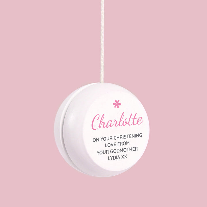 Personalised Pink Flower White Wooden Yoyo - part of the Gifts Finder Personalised Yoyos collection