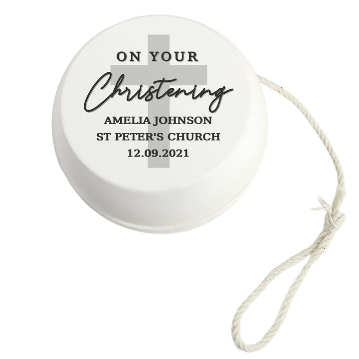 Buy Personalised On Your Christening White Wooden Yoyo at www.giftsfinder.co.uk