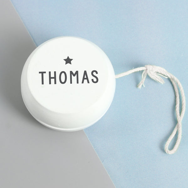 Buy Personalised Grey Star White Wooden Yoyo available now at www.giftsfinder.co.uk