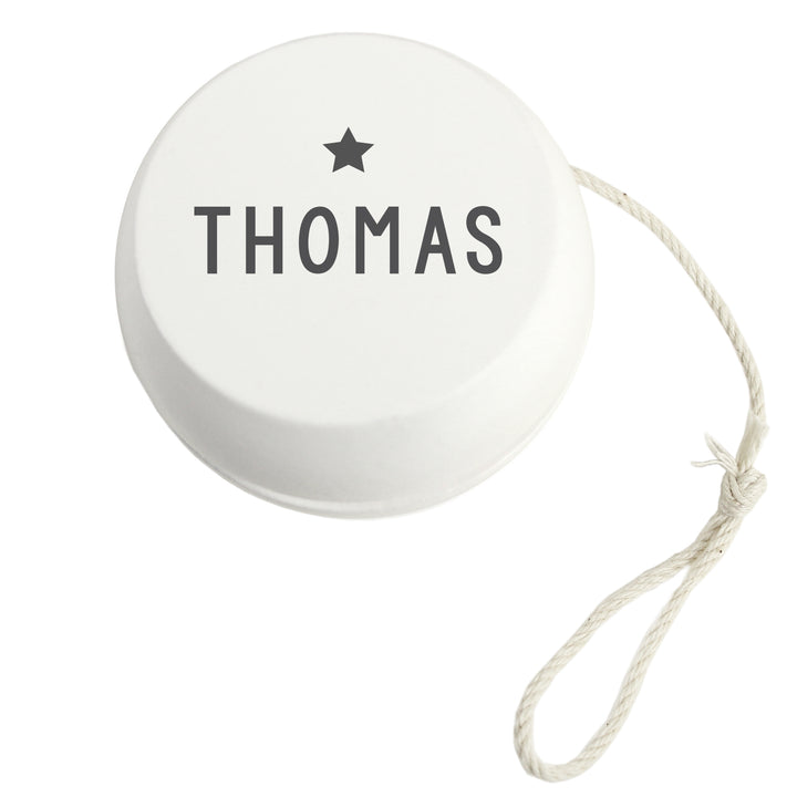 Buy Personalised Grey Star White Wooden Yoyo available now at www.giftsfinder.co.uk