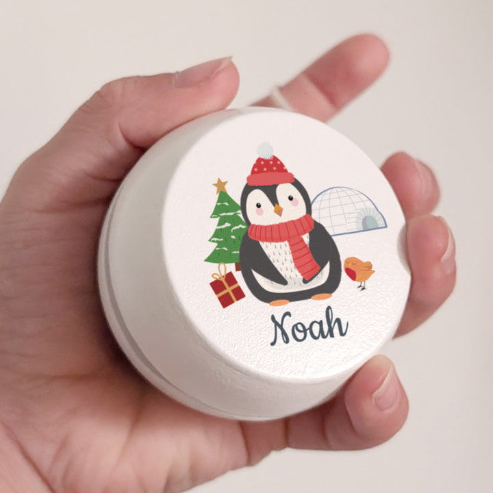 Buy Personalised Christmas Penguin White Wooden Yoyo available now at www.giftsfinder.co.uk