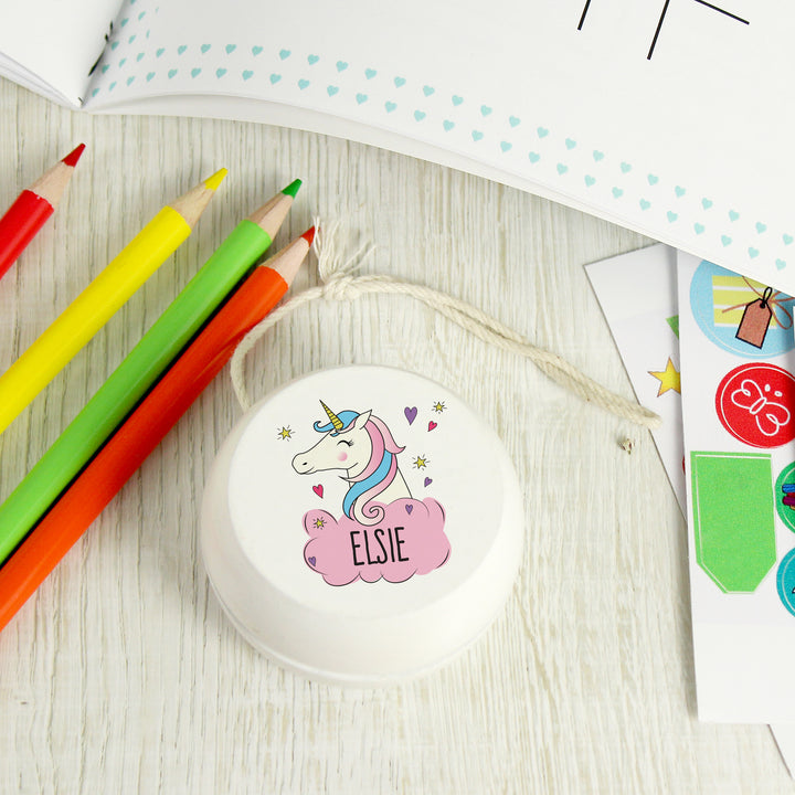 Personalised Unicorn White Wooden Yoyo - part of the Gifts Finder Personalised Yoyos collection