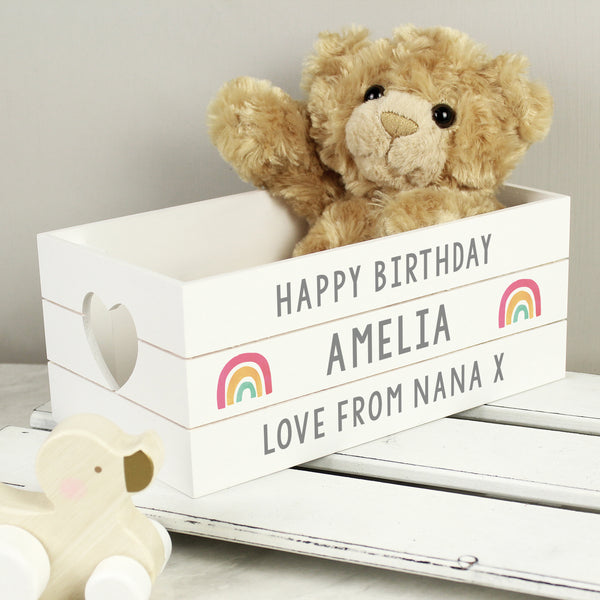 Personalised Rainbow White Wooden Crate in gift category Personalised Wooden Storage Boxes