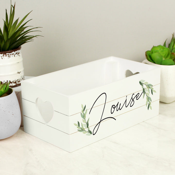 Buy Personalised Name Only Botanical White Wooden Crate at www.giftsfinder.co.uk