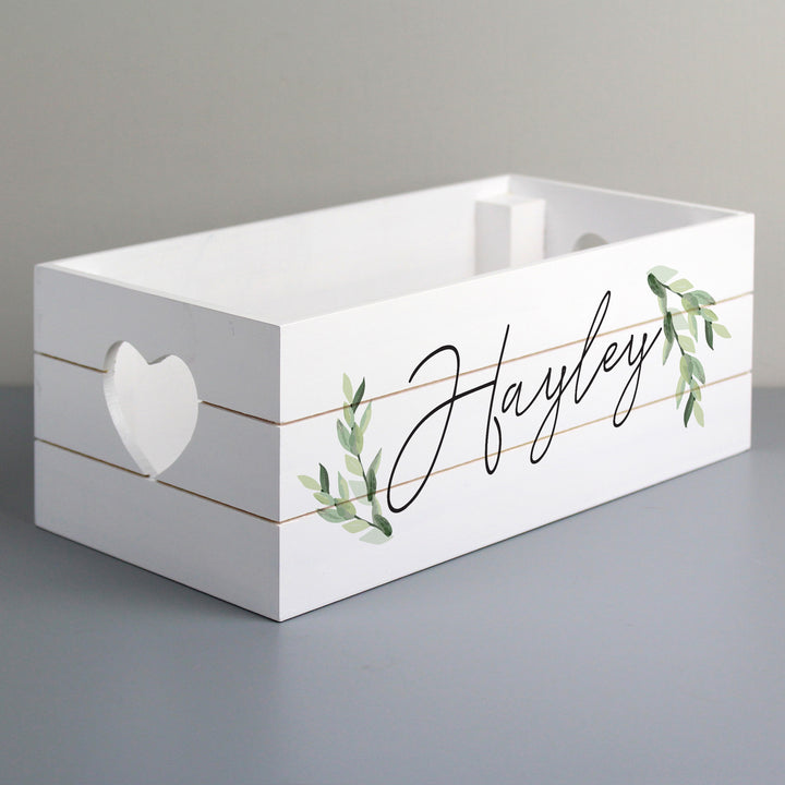 Buy Personalised Name Only Botanical White Wooden Crate at www.giftsfinder.co.uk