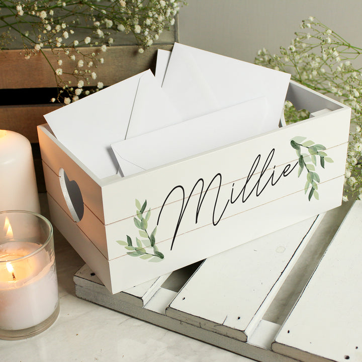 Buy Personalised Name Only Botanical White Wooden Crate at www.giftsfinder.co.uk