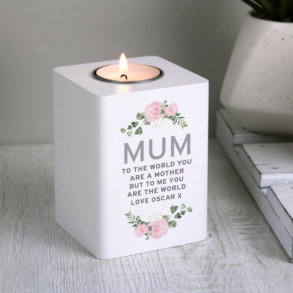 Buy Personalised Abstract Rose White Wooden Tea Light Holder available now at www.giftsfinder.co.uk