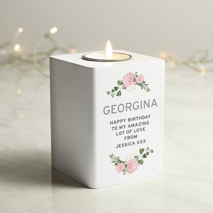 Personalised Abstract Rose White Wooden Tea Light Holder - part of the Gifts Finder Personalised Tea Light Holders collection