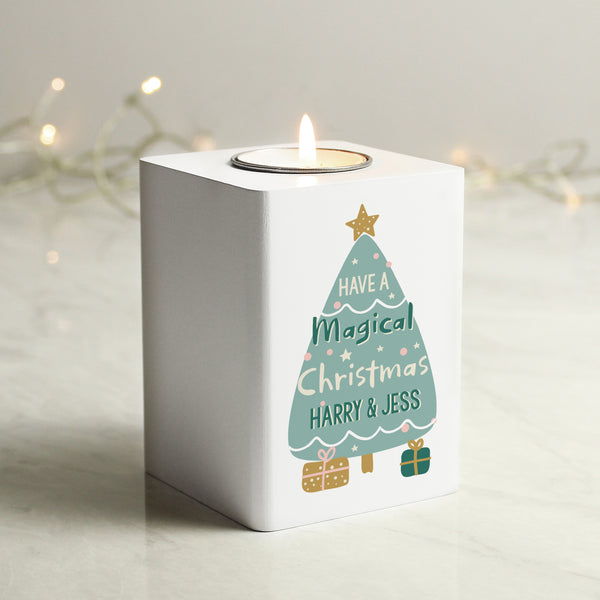 Buy Personalised Christmas Tree White Wooden Tea light Holder available now at www.giftsfinder.co.uk