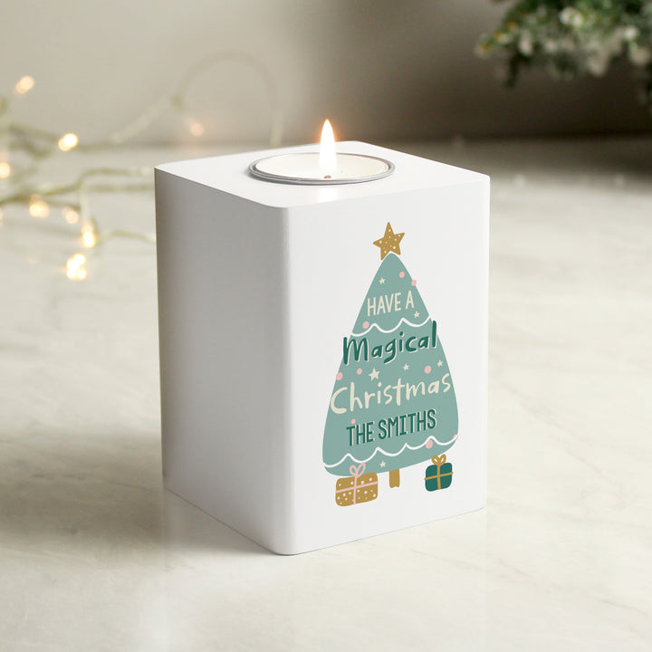 Personalised Christmas Tree White Wooden Tea Light Holder - part of the Gifts Finder Personalised Tea Light Holders collection