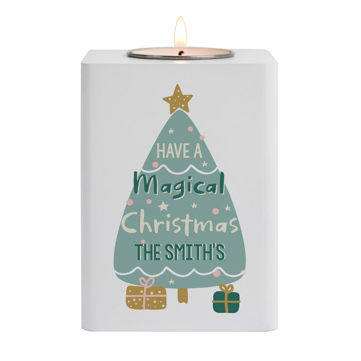 Personalised Christmas Tree White Wooden Tea Light Holder - part of the Gifts Finder Personalised Tea Light Holders collection