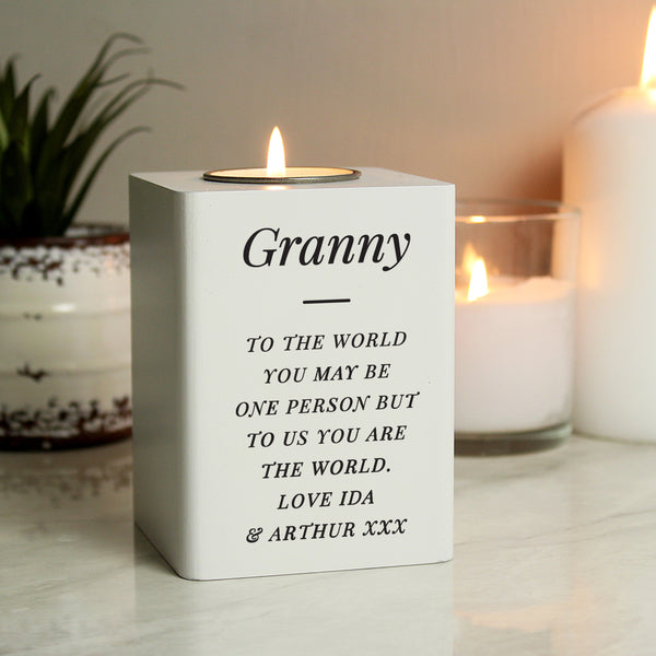 Buy Personalised Free Text White Wooden Tea light Holder available now at www.giftsfinder.co.uk