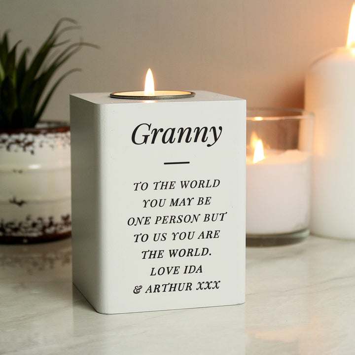 Personalised Free Text White Wooden Tea Light Holder - part of the Gifts Finder Personalised Tea Light Holders collection