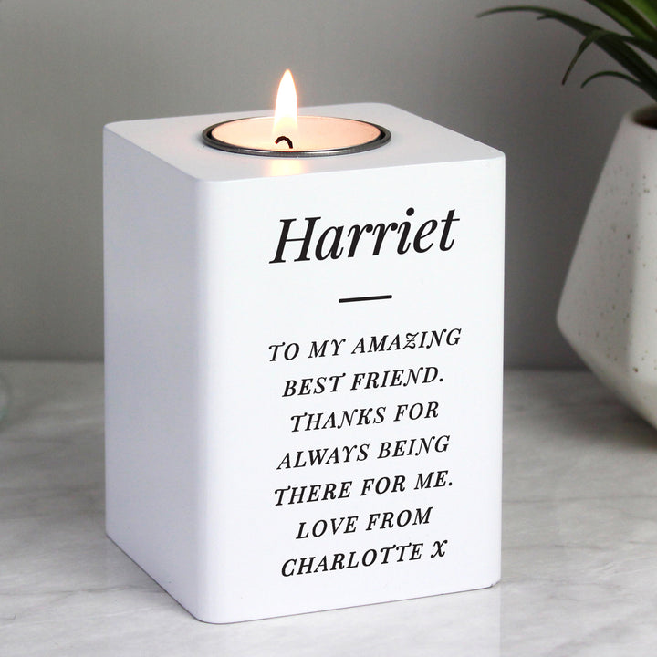 Personalised Free Text White Wooden Tea Light Holder - part of the Gifts Finder Personalised Tea Light Holders collection