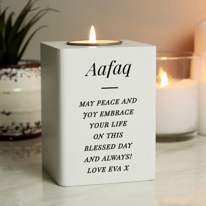 Personalised Free Text White Wooden Tea Light Holder - part of the Gifts Finder Personalised Tea Light Holders collection